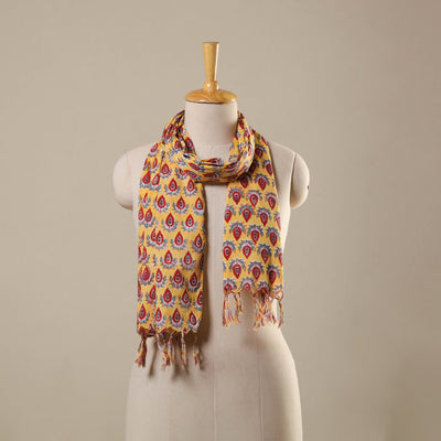 Yellow Block Print Cotton Sanganeri Stole with Tassels