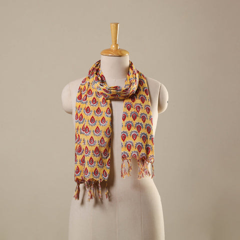 Yellow Block Print Cotton Sanganeri Stole with Tassels