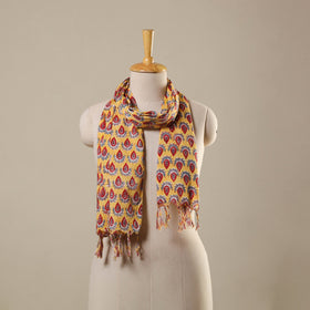 Yellow Block Print Cotton Sanganeri Stole with Tassels