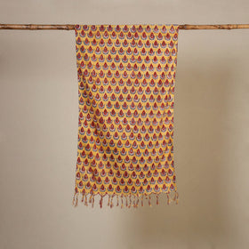 Yellow Block Print Cotton Sanganeri Stole with Tassels