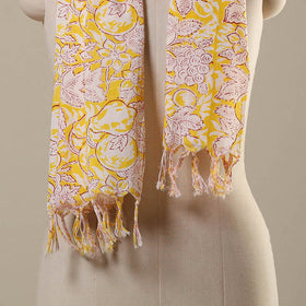 Yellow Block Print Cotton Sanganeri Stole with Tassels
