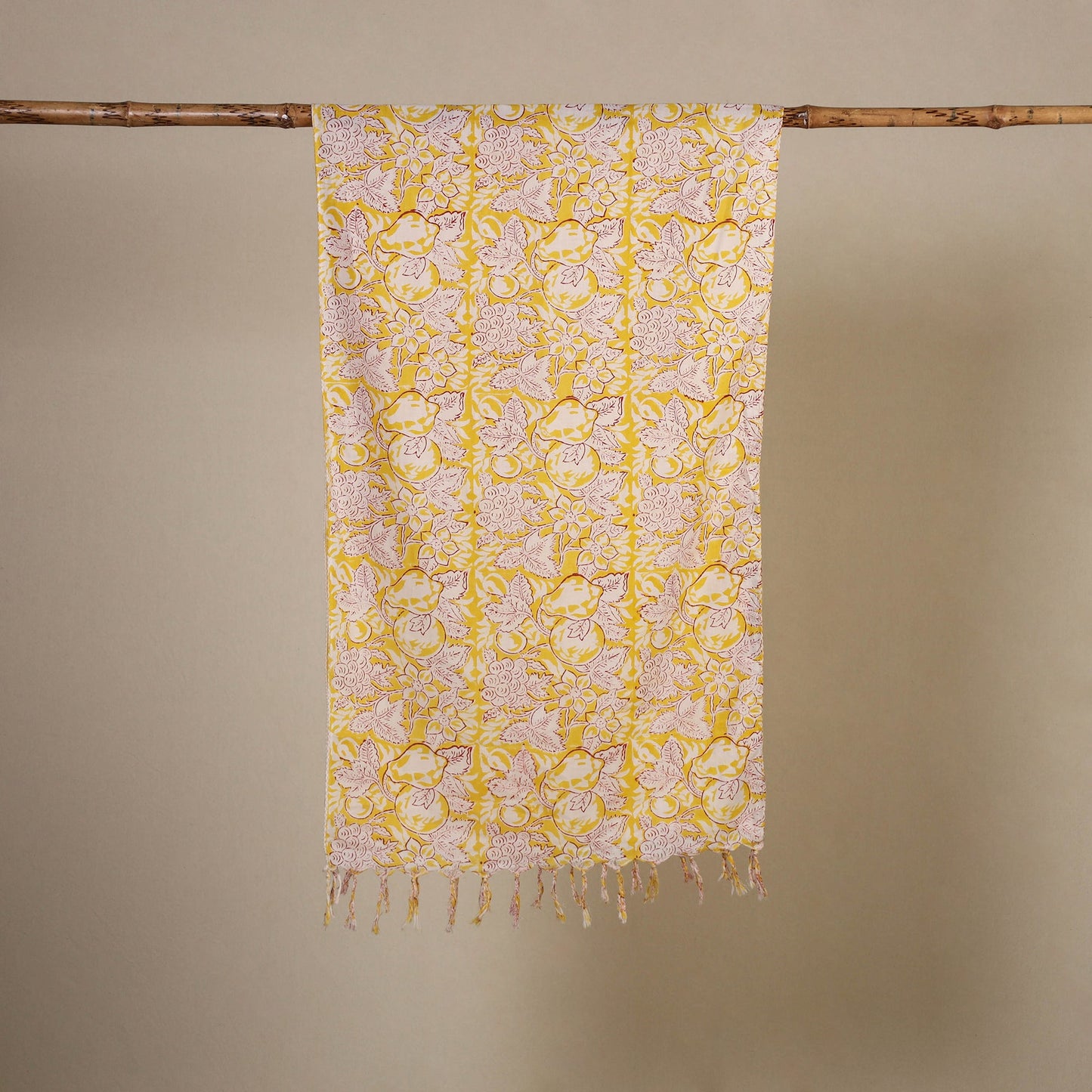 Yellow Block Print Cotton Sanganeri Stole with Tassels