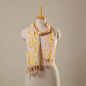 Yellow Block Print Cotton Sanganeri Stole with Tassels