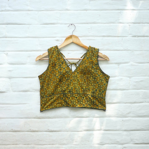 Yellow Block Print Cotton Stitched Ajrakh Blouse 