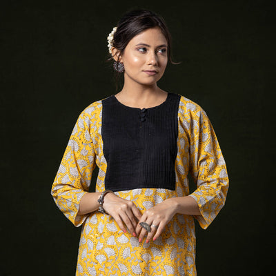 Buy Yellow  Block Print Cotton Straight Pintuck Sanganeri Kurta 