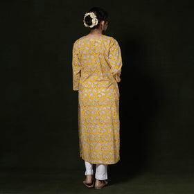 Buy Yellow  Block Print Cotton Straight Pintuck Sanganeri Kurta 