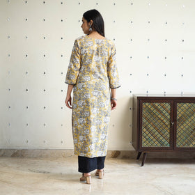 Yellow Block Print Cotton Straight Sanganeri Kurta for Women