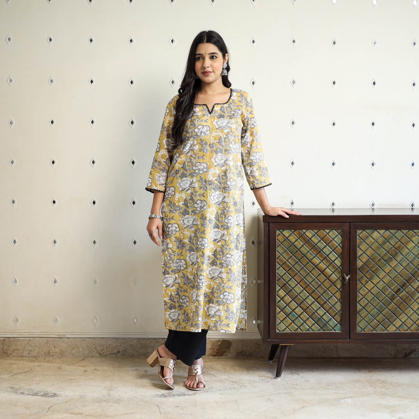 Yellow Block Print Cotton Straight Sanganeri Kurta for Women