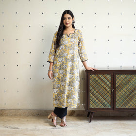 Yellow Block Print Cotton Straight Sanganeri Kurta for Women