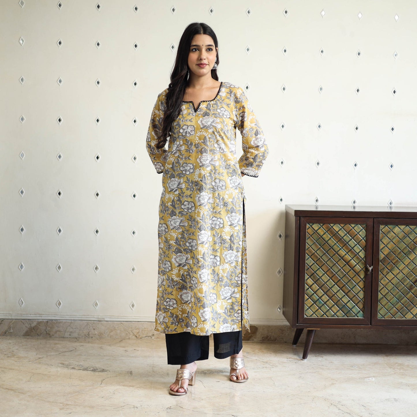 Yellow Block Print Cotton Straight Sanganeri Kurta for Women