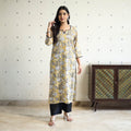 Yellow Block Print Cotton Straight Sanganeri Kurta for Women