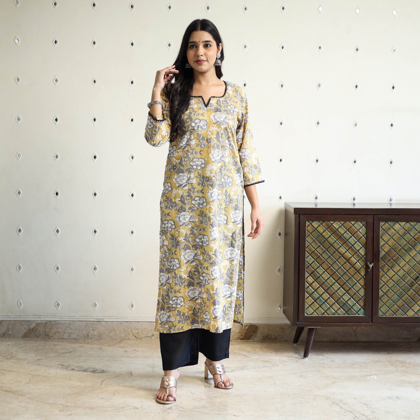 Yellow Block Print Cotton Straight Sanganeri Kurta for Women