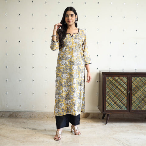 Yellow Block Print Cotton Straight Sanganeri Kurta for Women