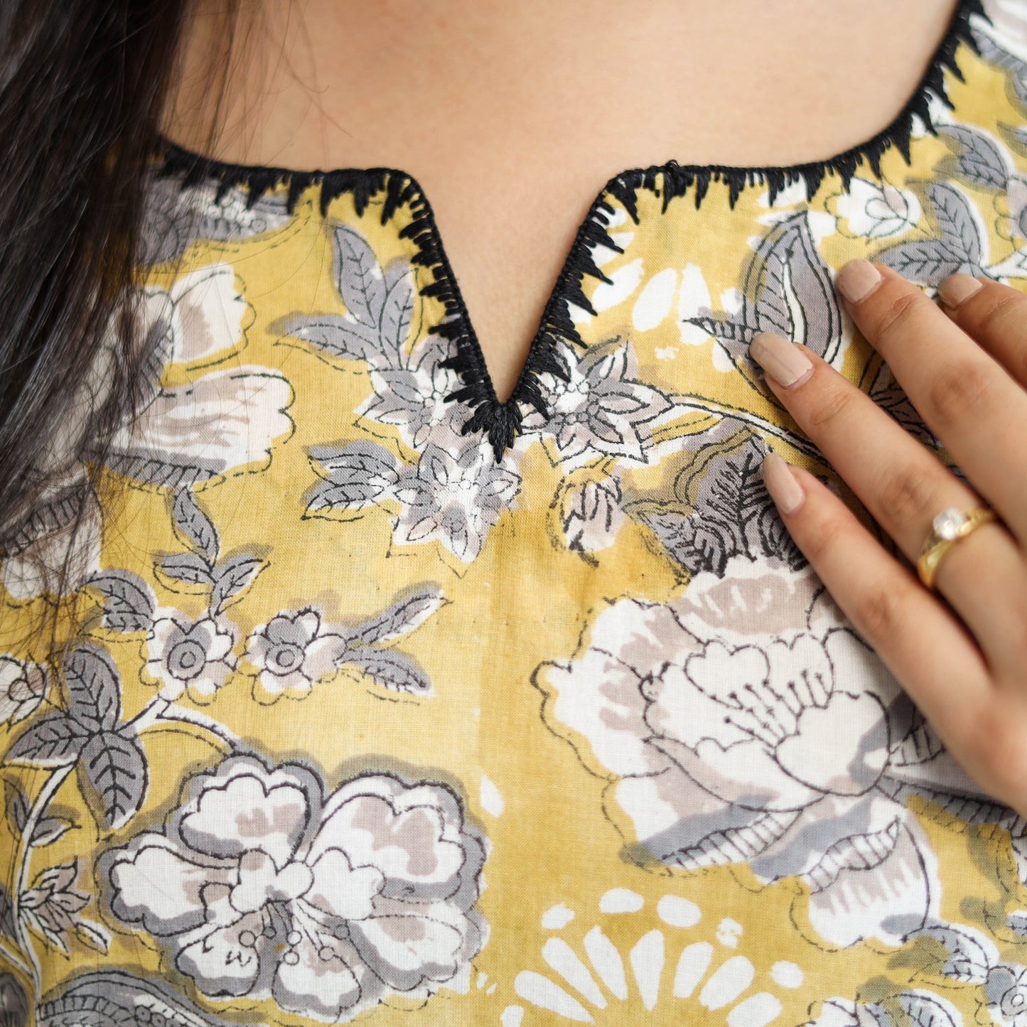 Yellow Block Print Cotton Straight Sanganeri Kurta for Women