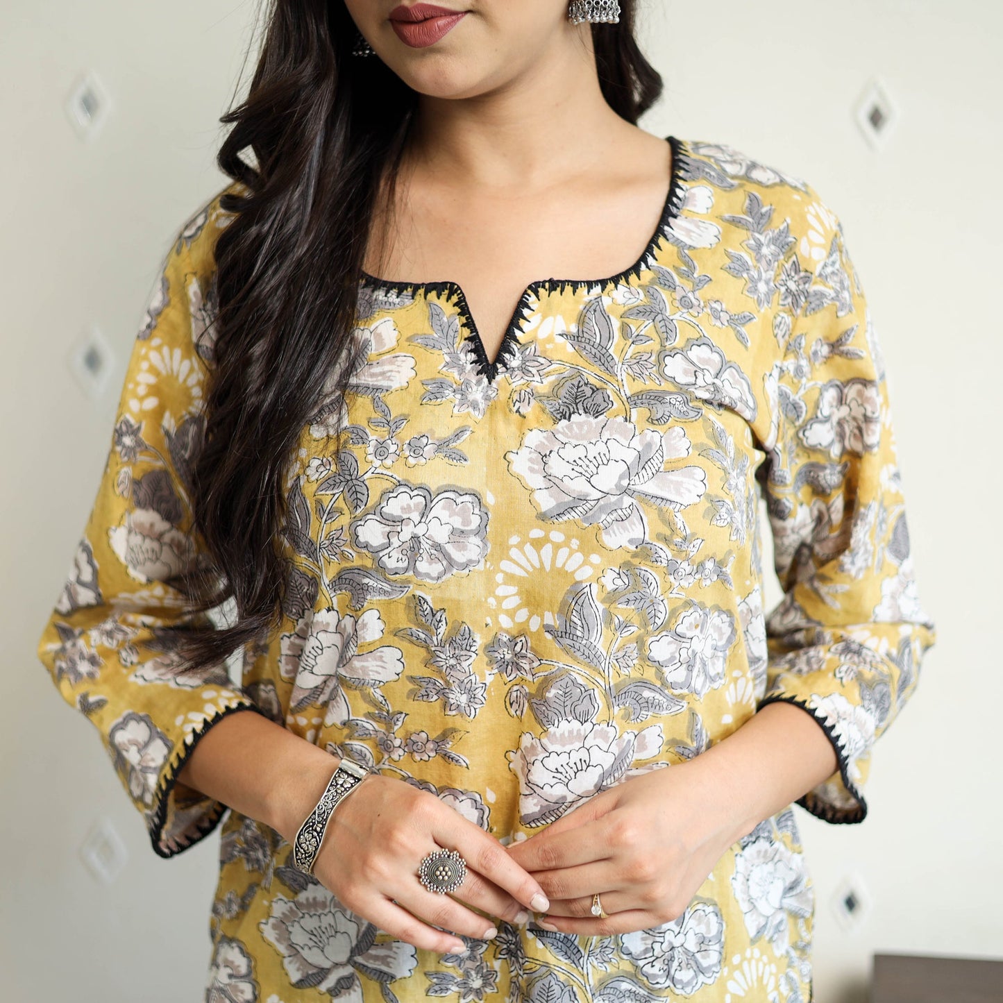 Yellow Block Print Cotton Straight Sanganeri Kurta for Women