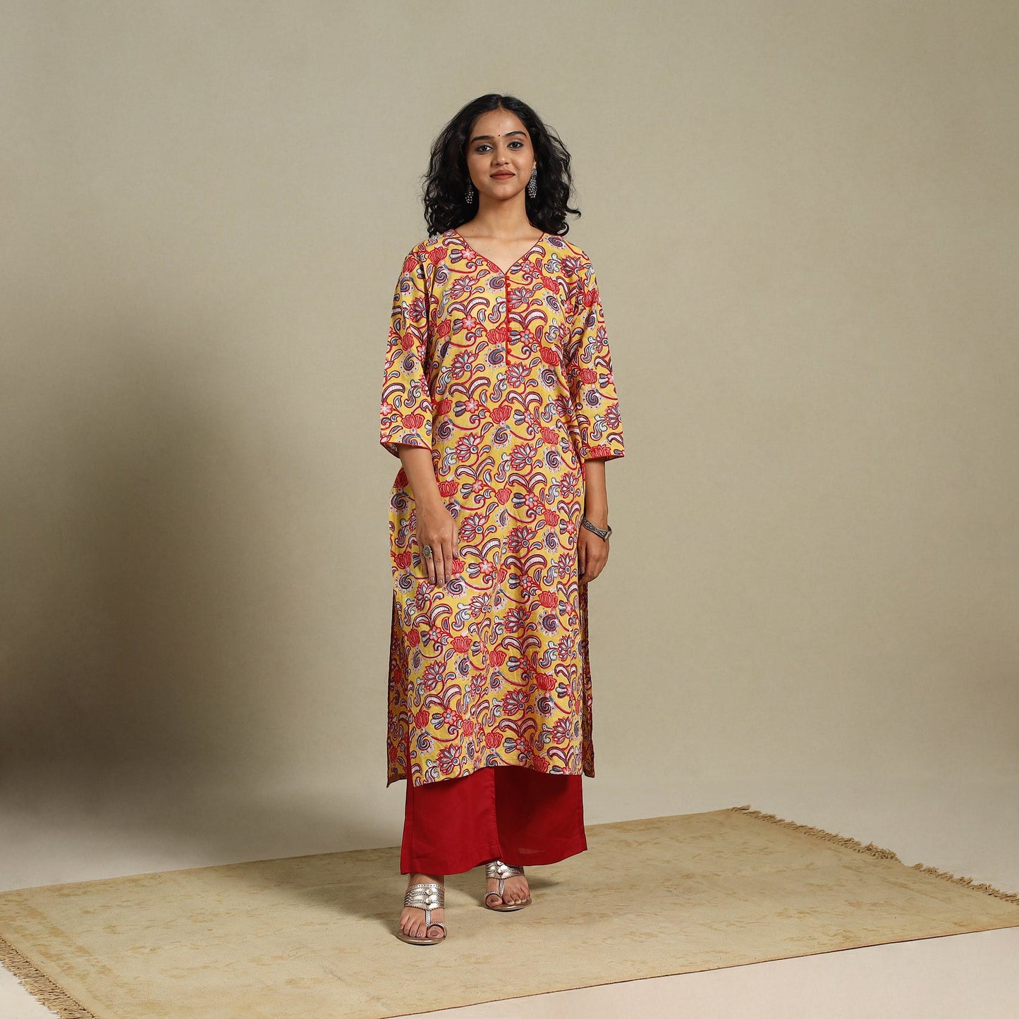 Yellow - cotton straight sanganeri kurta 14 - m