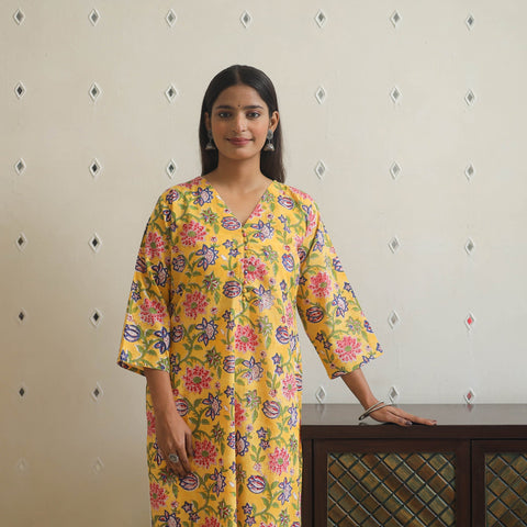  Yellow Block Print Cotton Straight Sanganeri Kurta 