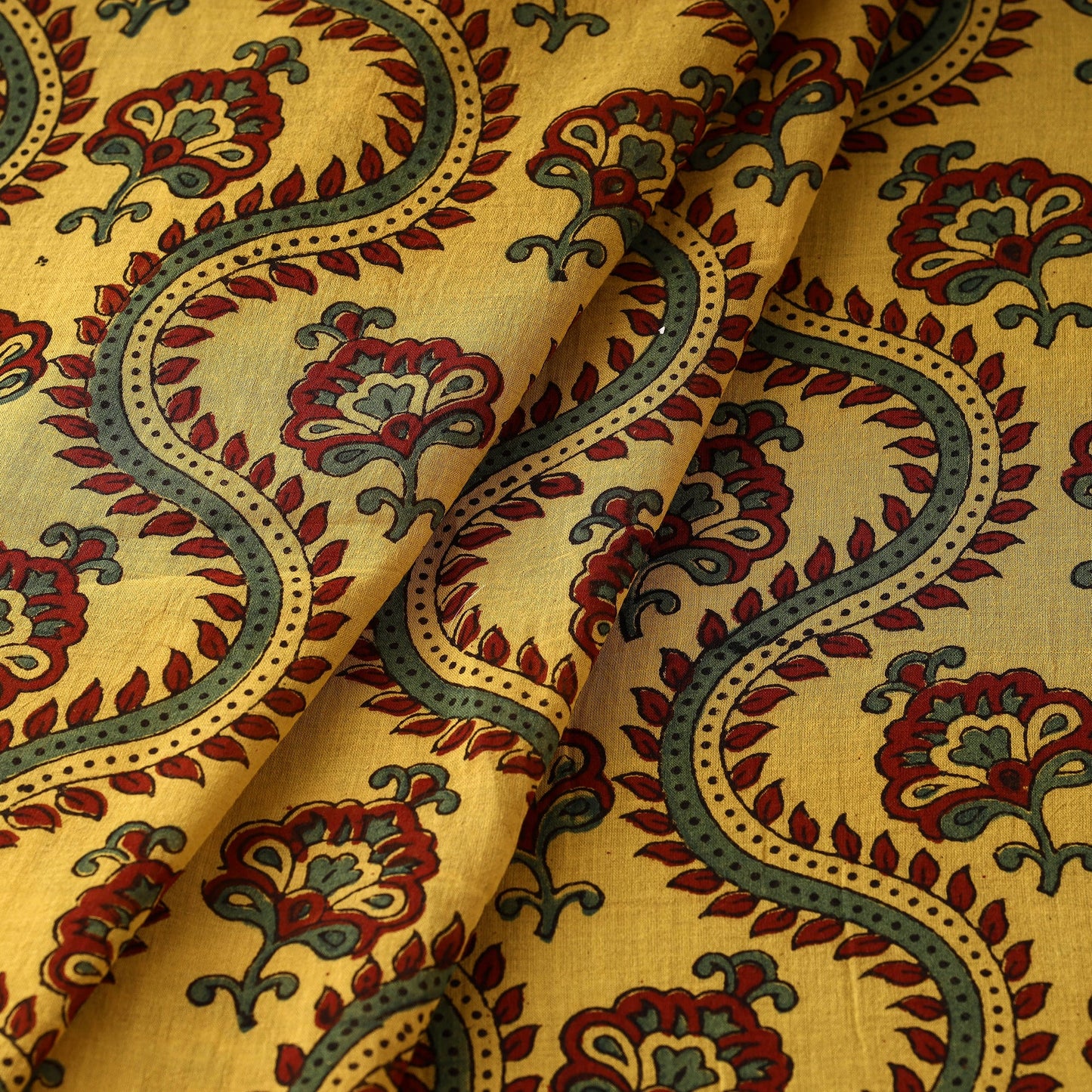  Curvical Border Floral Butta Ajrakh Hand Block Printed Cotton Fabric 