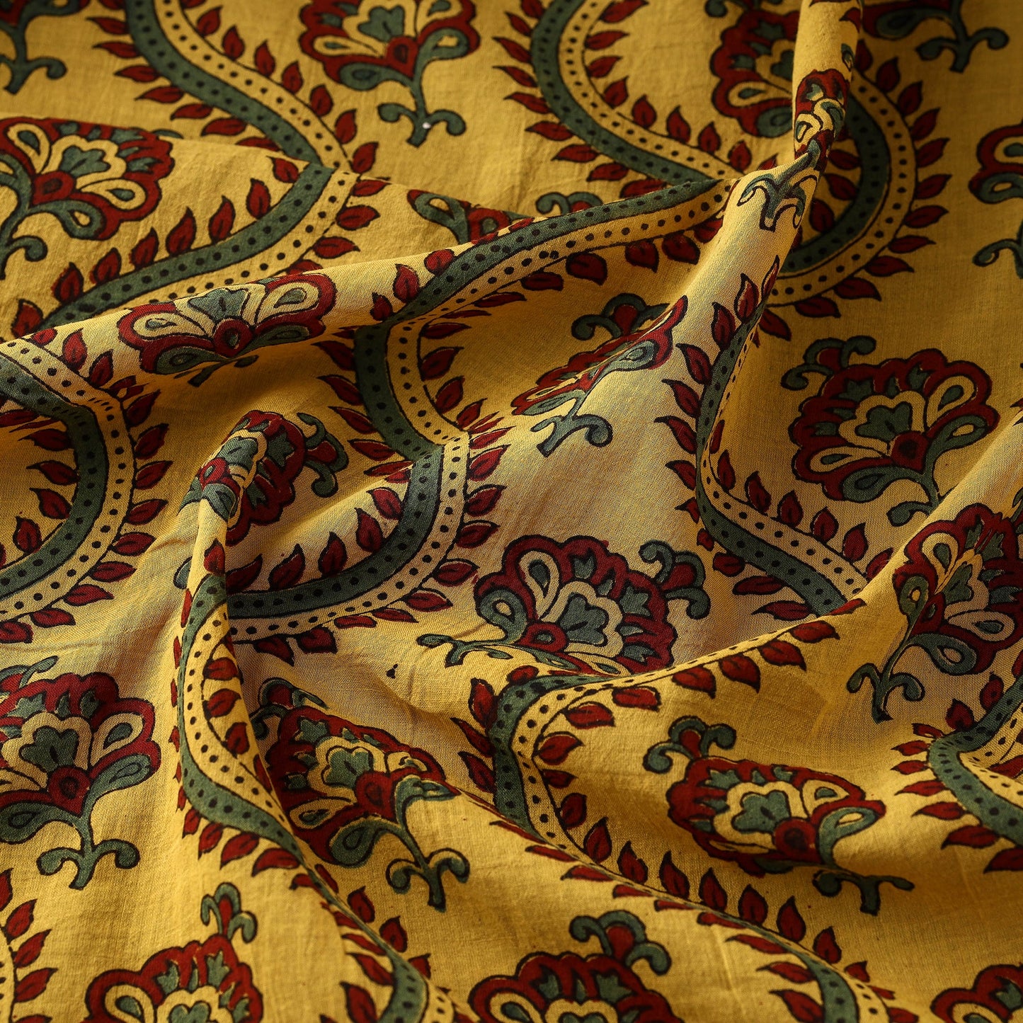  Curvical Border Floral Butta Ajrakh Hand Block Printed Cotton Fabric 