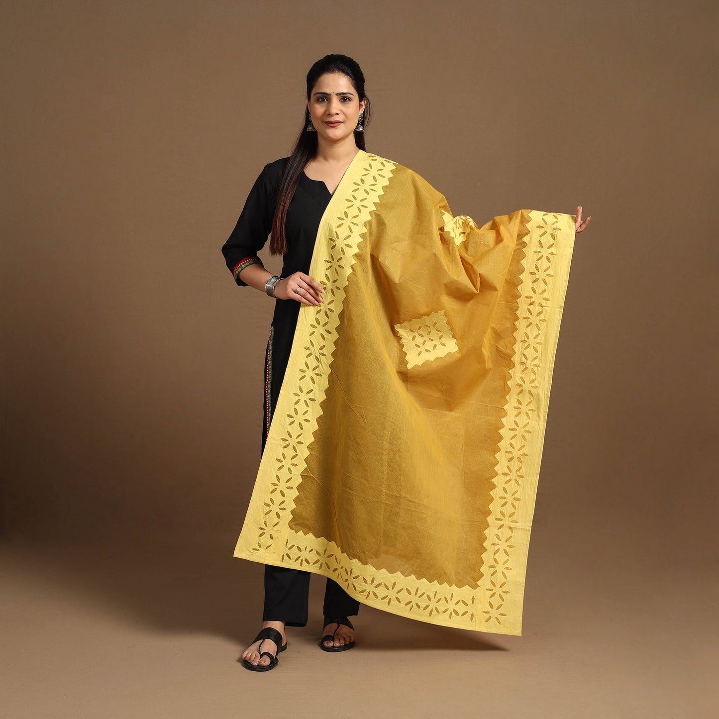 Buy Cutwork Cotton Yellow Barmer Applique Dupatta