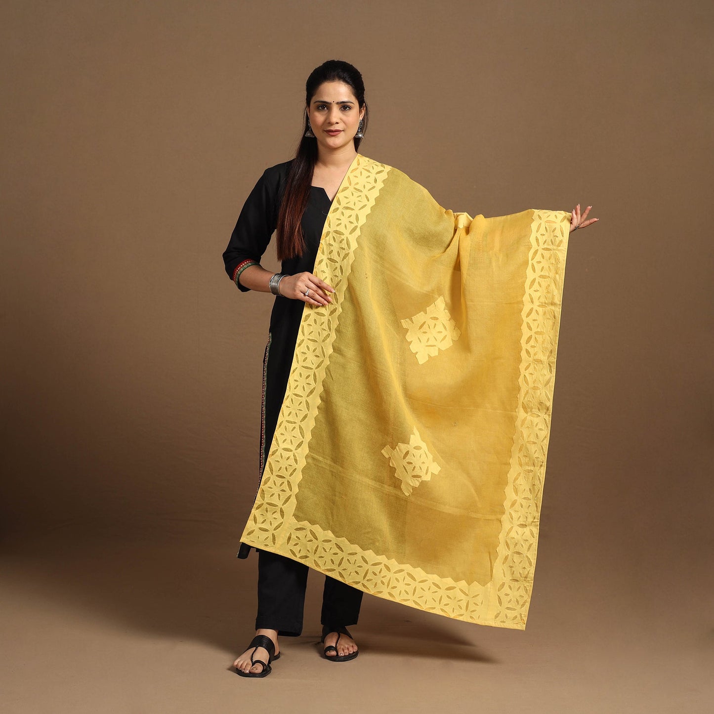 Buy Cutwork Cotton Yellow Barmer Applique Dupatta