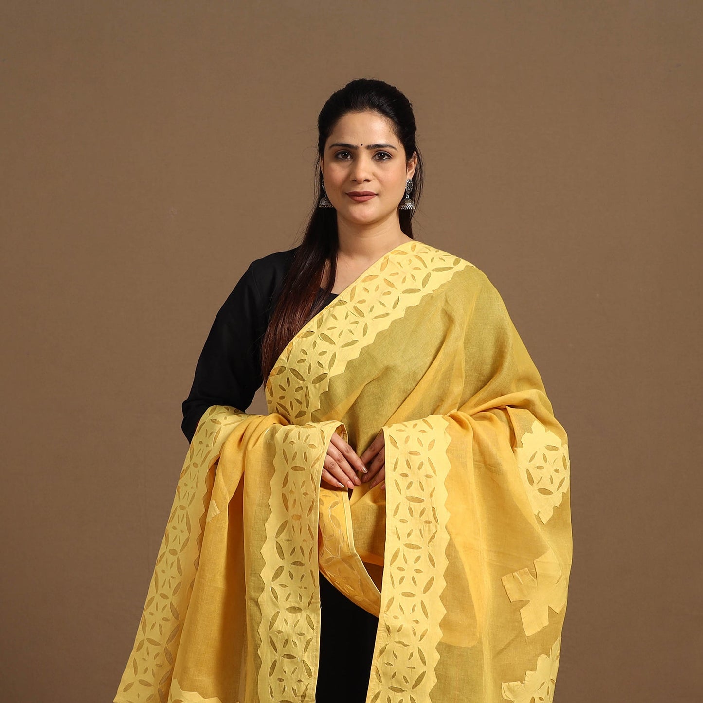 Buy Cutwork Cotton Yellow Barmer Applique Dupatta