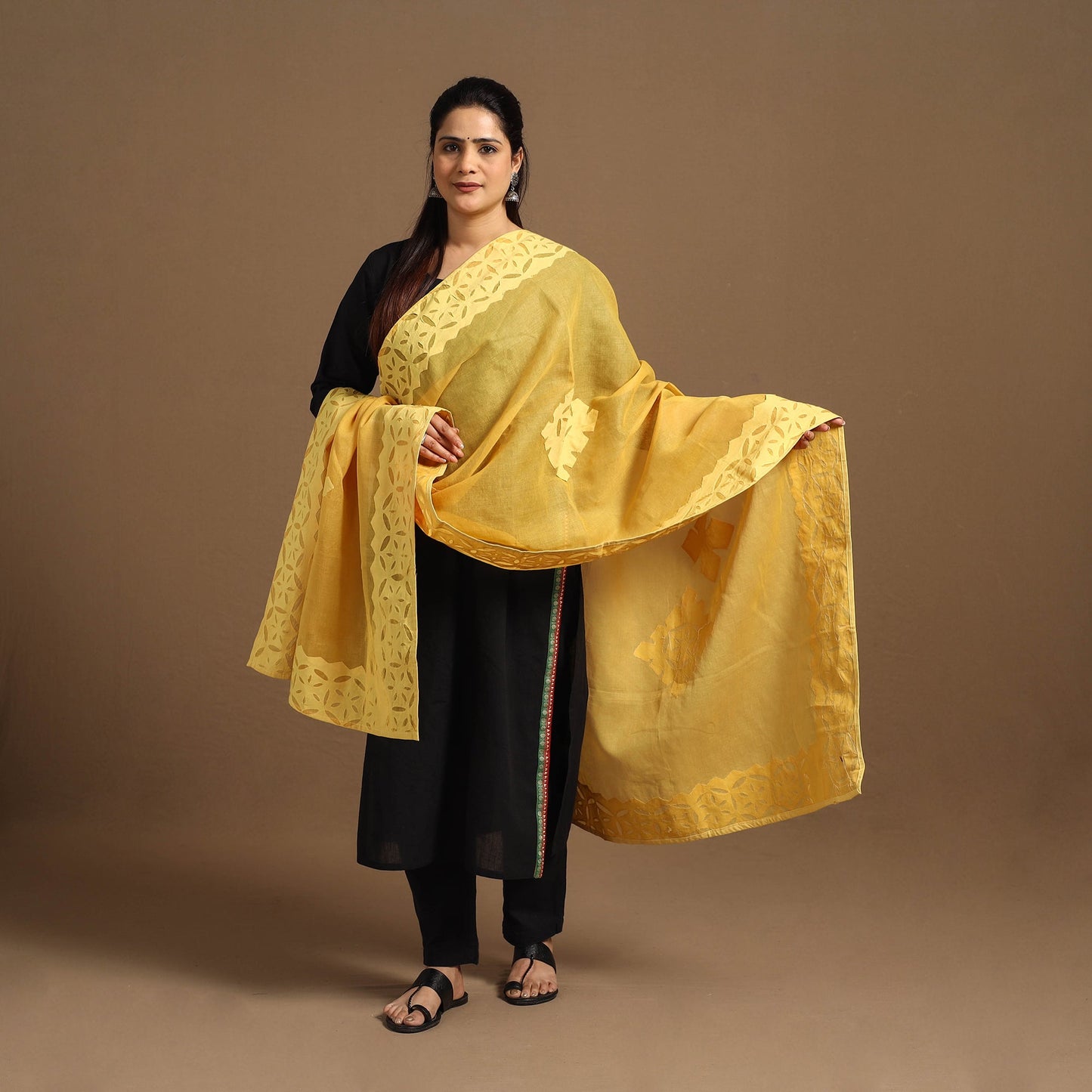 Buy Cutwork Cotton Yellow Barmer Applique Dupatta