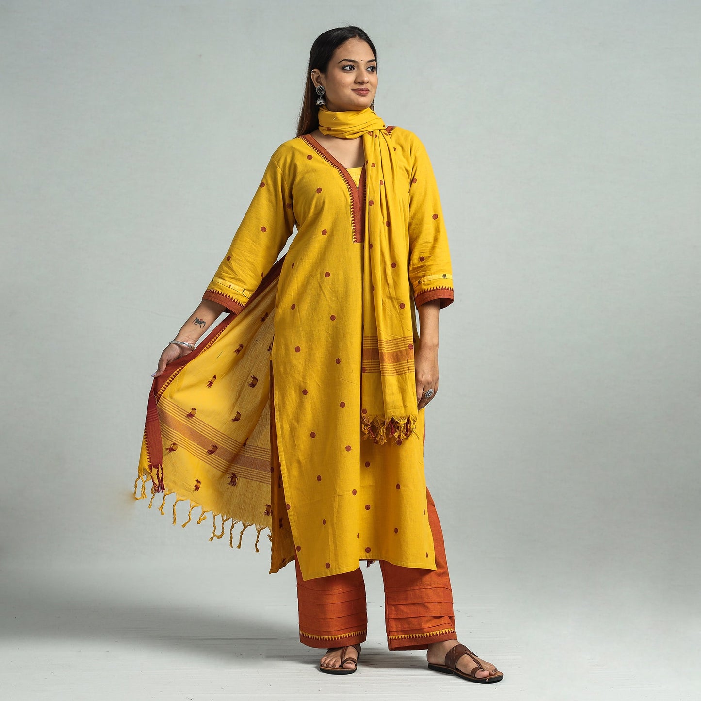 Yellow - dharwad cotton kurta with palazzo & dupatta set