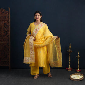 Yellow Elegant Gota Work Silk Kota Doria Kurta Set Online