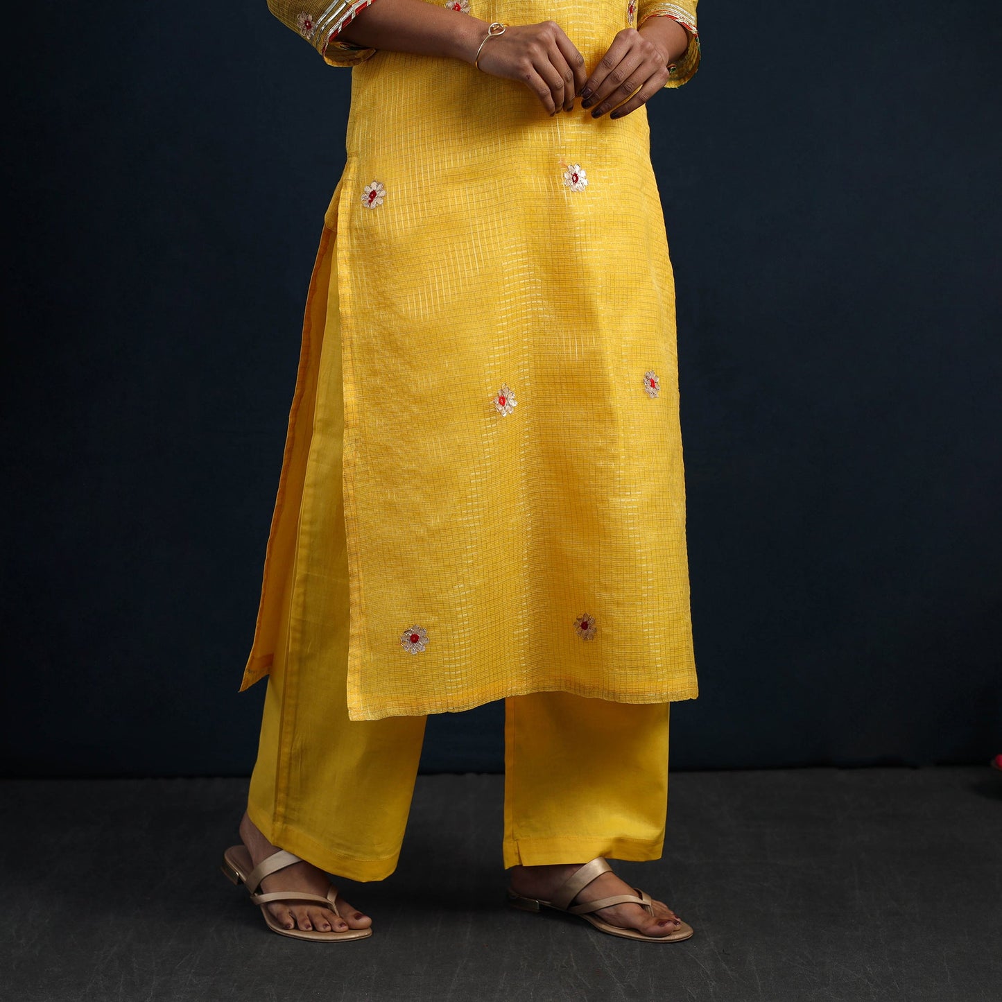 Yellow Elegant Gota Work Silk Kota Doria Kurta Set Online