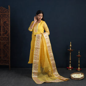 Yellow Elegant Gota Work Silk Kota Doria Kurta Set Online