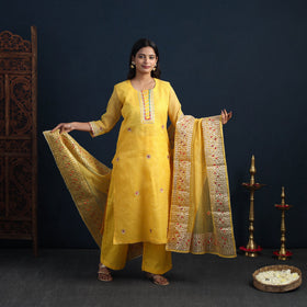Yellow Elegant Gota Work Silk Kota Doria Kurta Set Online