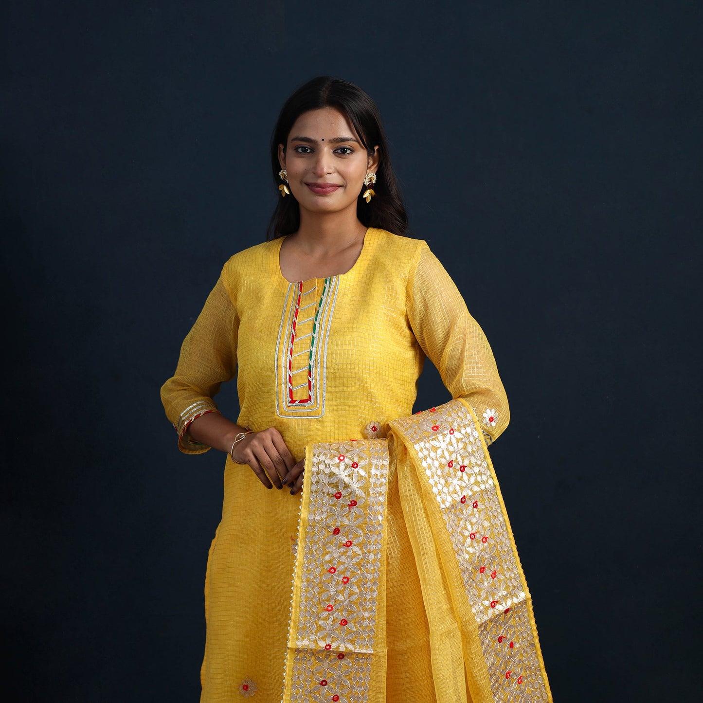 Yellow Elegant Gota Work Silk Kota Doria Kurta Set Online