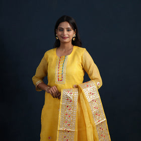 Yellow Elegant Gota Work Silk Kota Doria Kurta Set Online