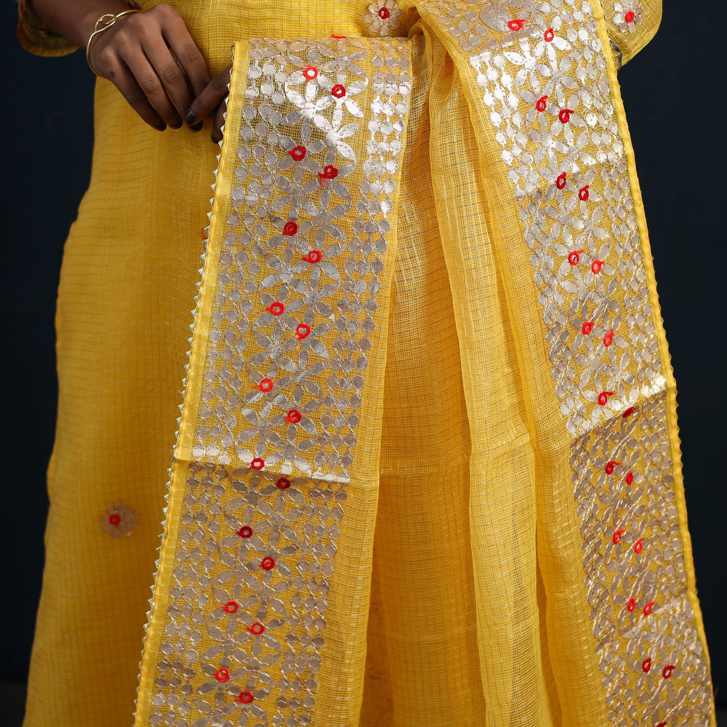 Yellow Elegant Gota Work Silk Kota Doria Kurta Set Online