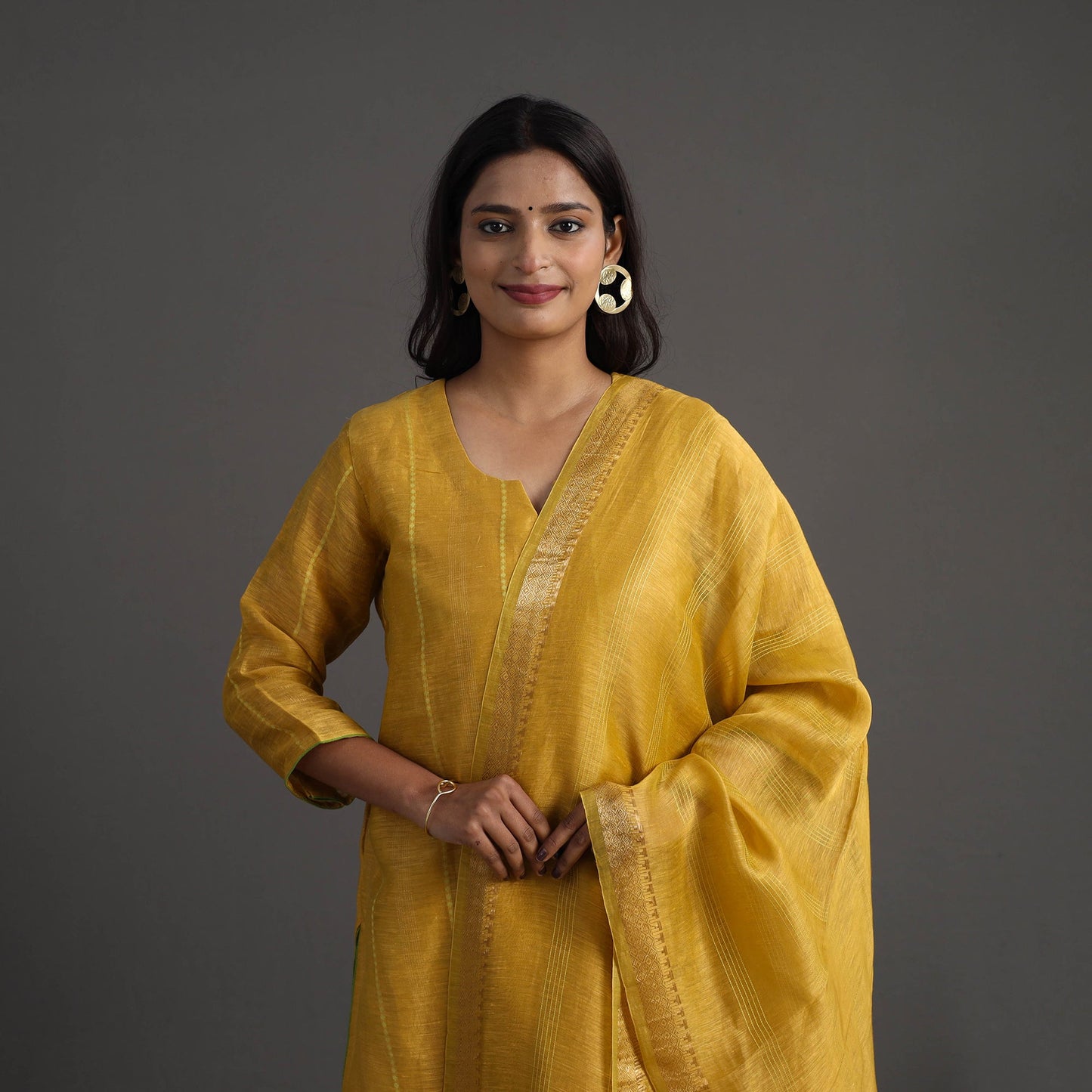  Yellow Elegant Linen Silk Handloom Plain Kurta Set