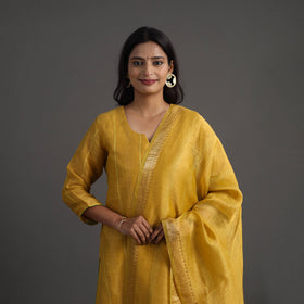  Yellow Elegant Linen Silk Handloom Plain Kurta Set