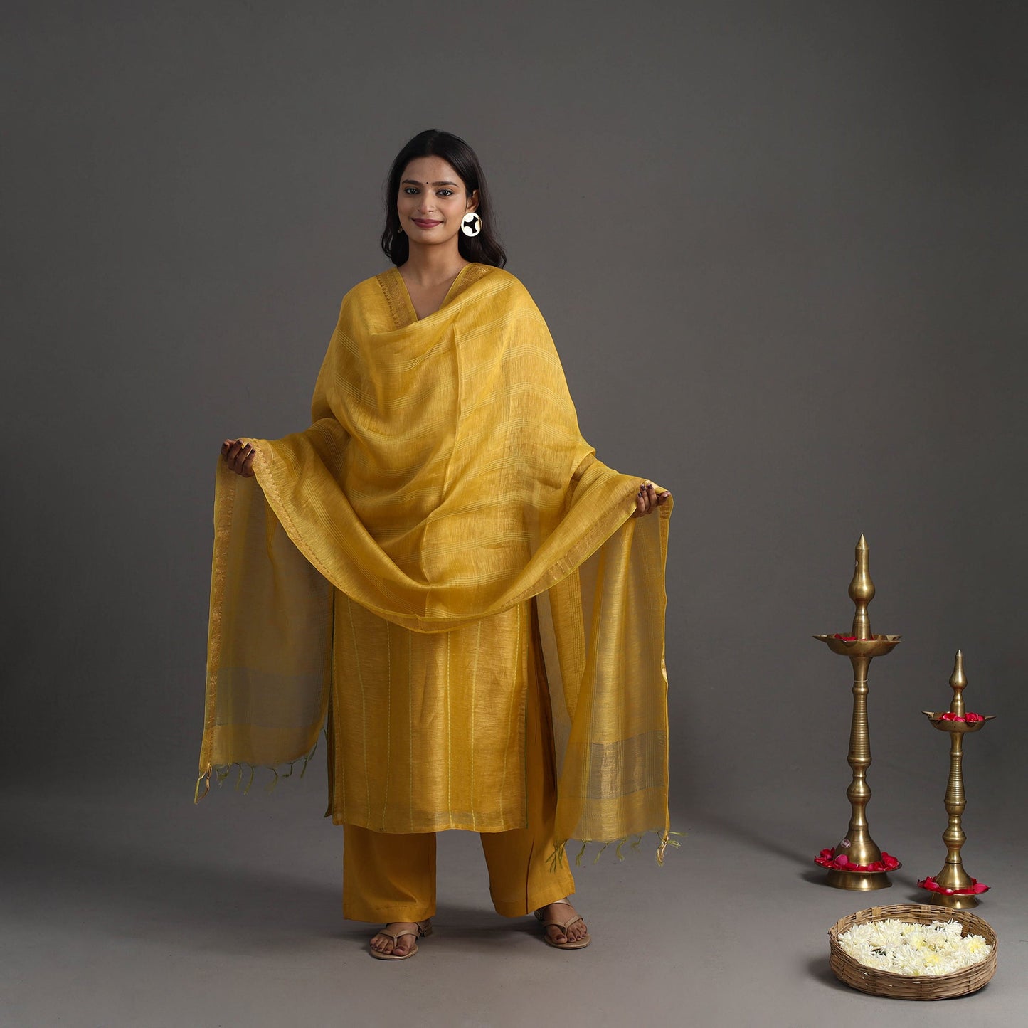  Yellow Elegant Linen Silk Handloom Plain Kurta Set