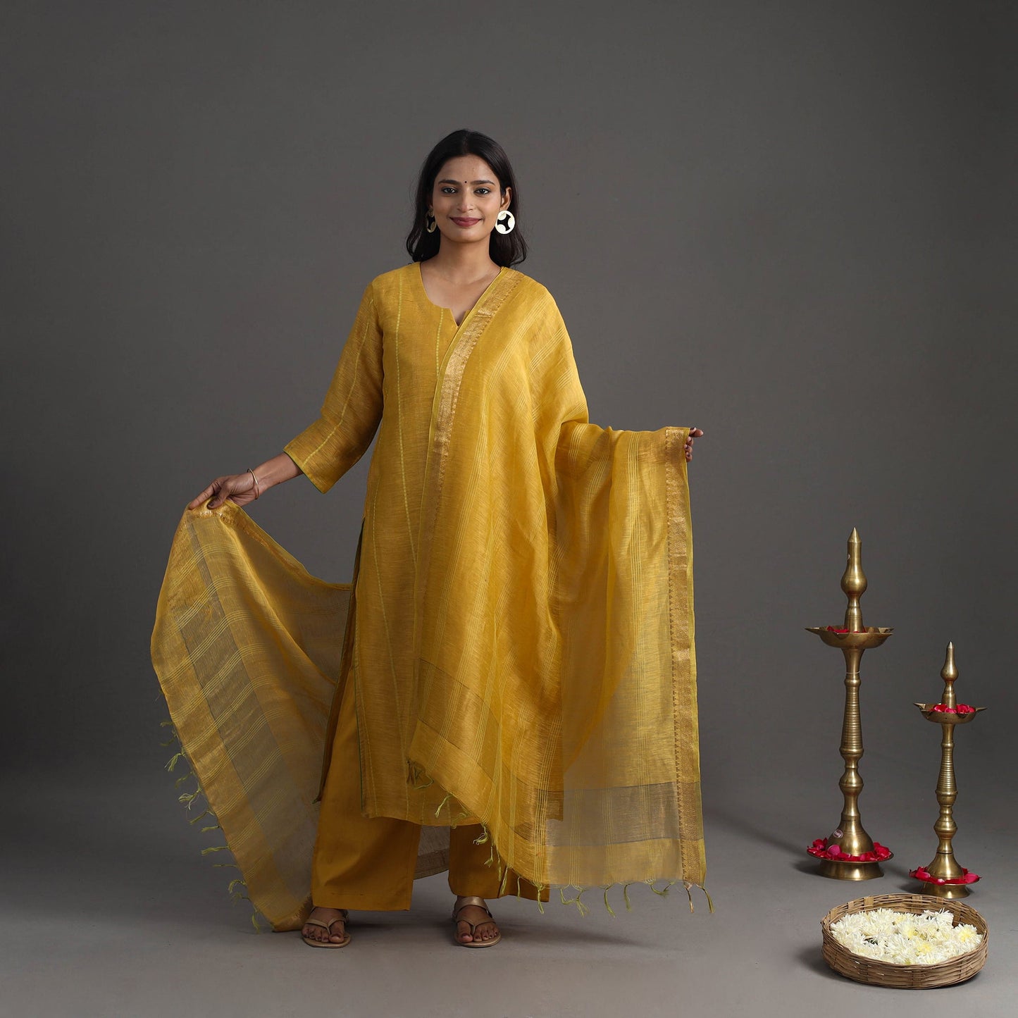  Yellow Elegant Linen Silk Handloom Plain Kurta Set
