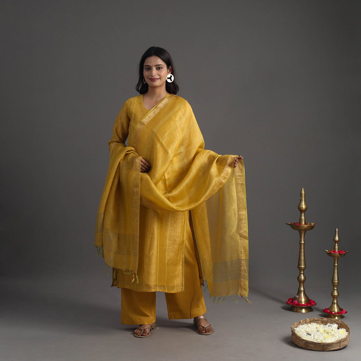  Yellow Elegant Linen Silk Handloom Plain Kurta Set