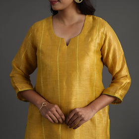  Yellow Elegant Linen Silk Handloom Plain Kurta Set