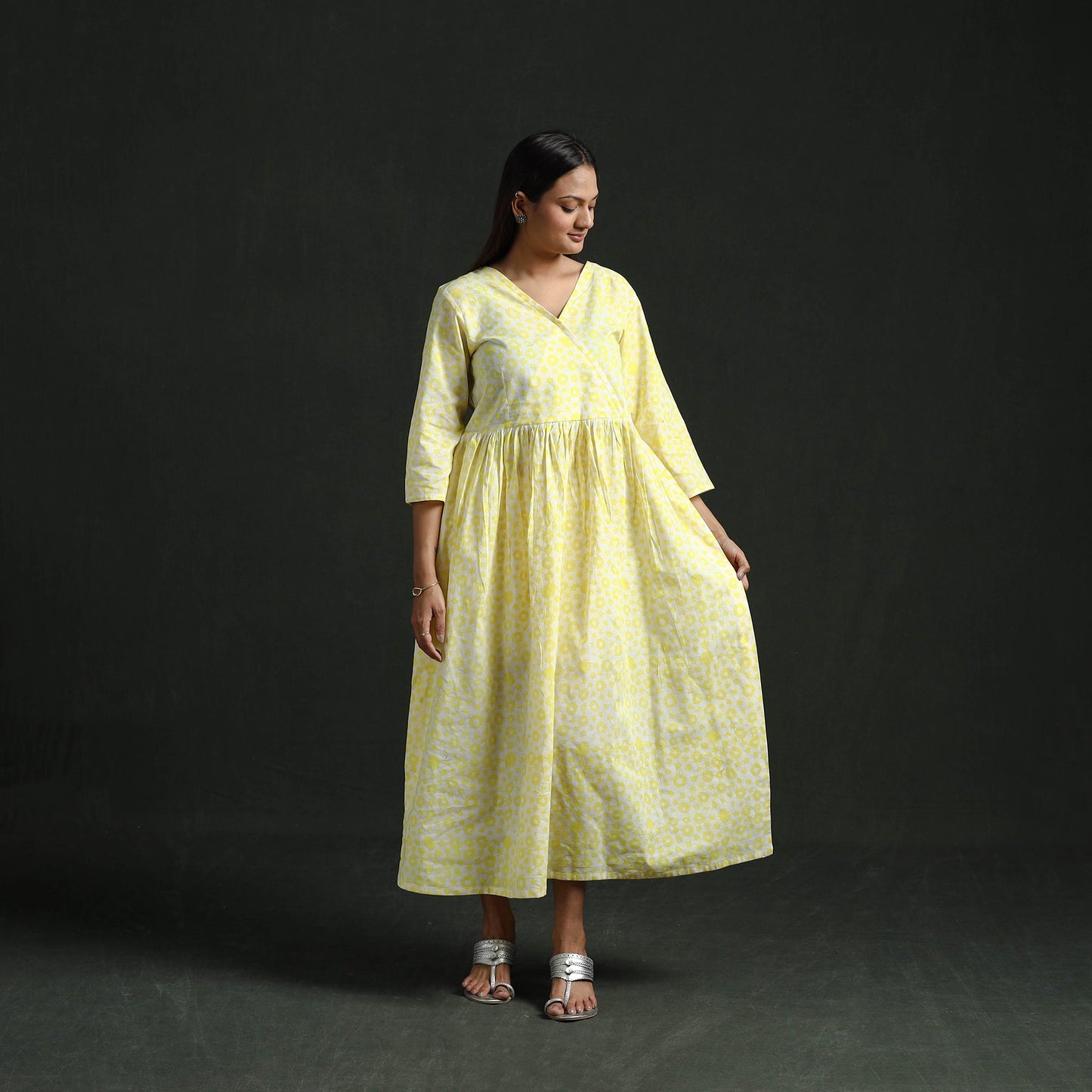 Flared angrakha cotton hand block batik print dress 06