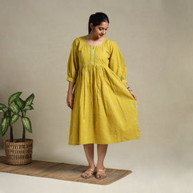 Yellow Flared Cotton Jacquard Dress