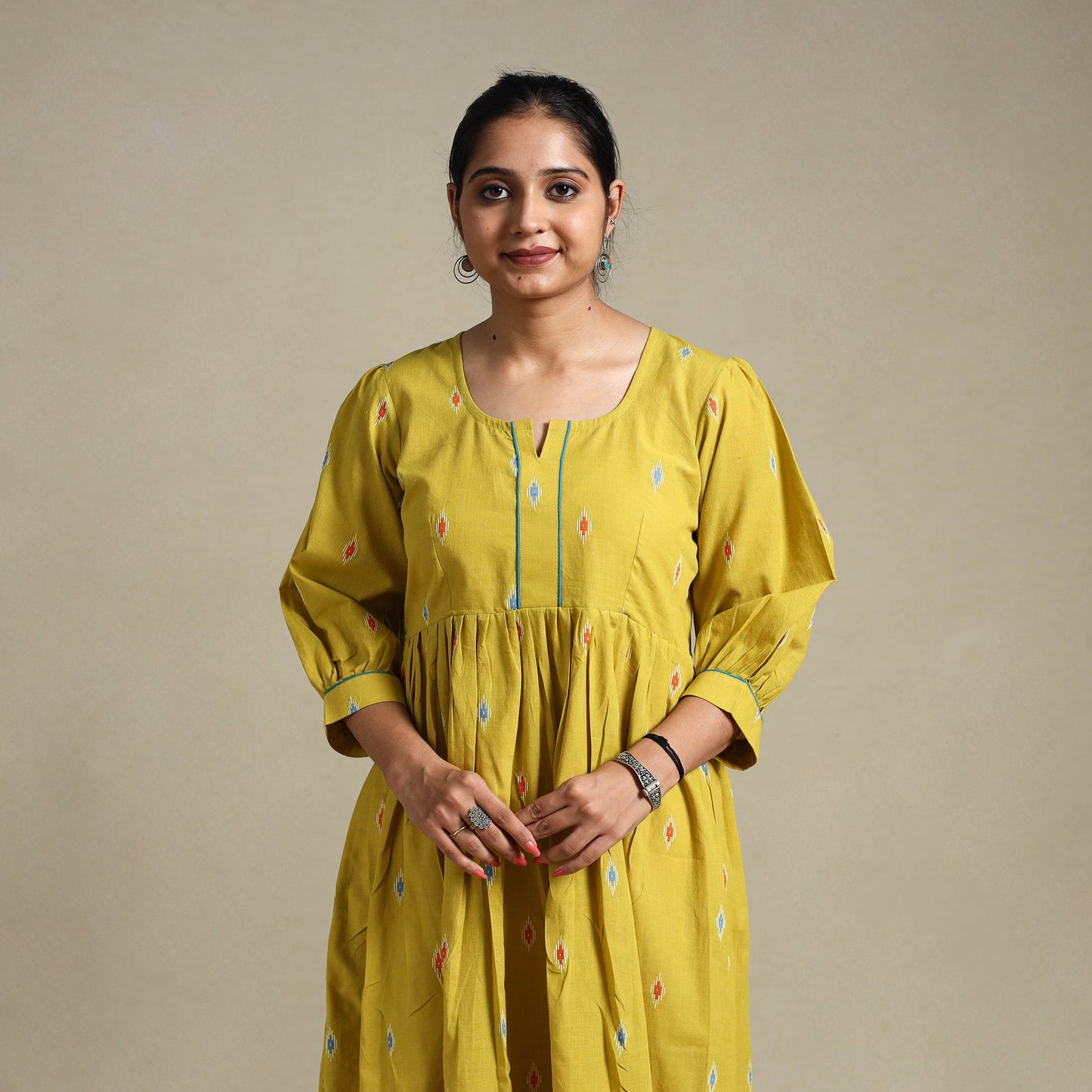 Yellow Flared Cotton Jacquard Dress