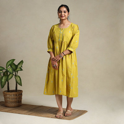 Yellow Flared Cotton Jacquard Dress