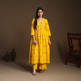  Yellow Flared Cotton Jacquard Kurta with Palazzo Set