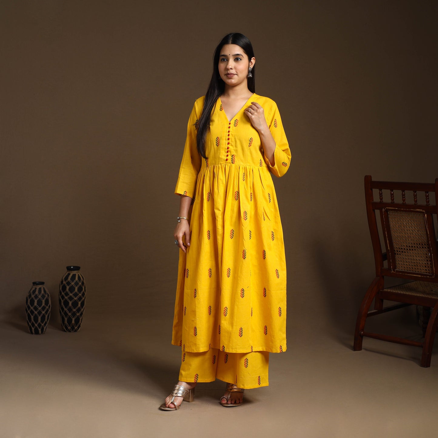 Yellow Flared Cotton Jacquard Kurta with Palazzo Set