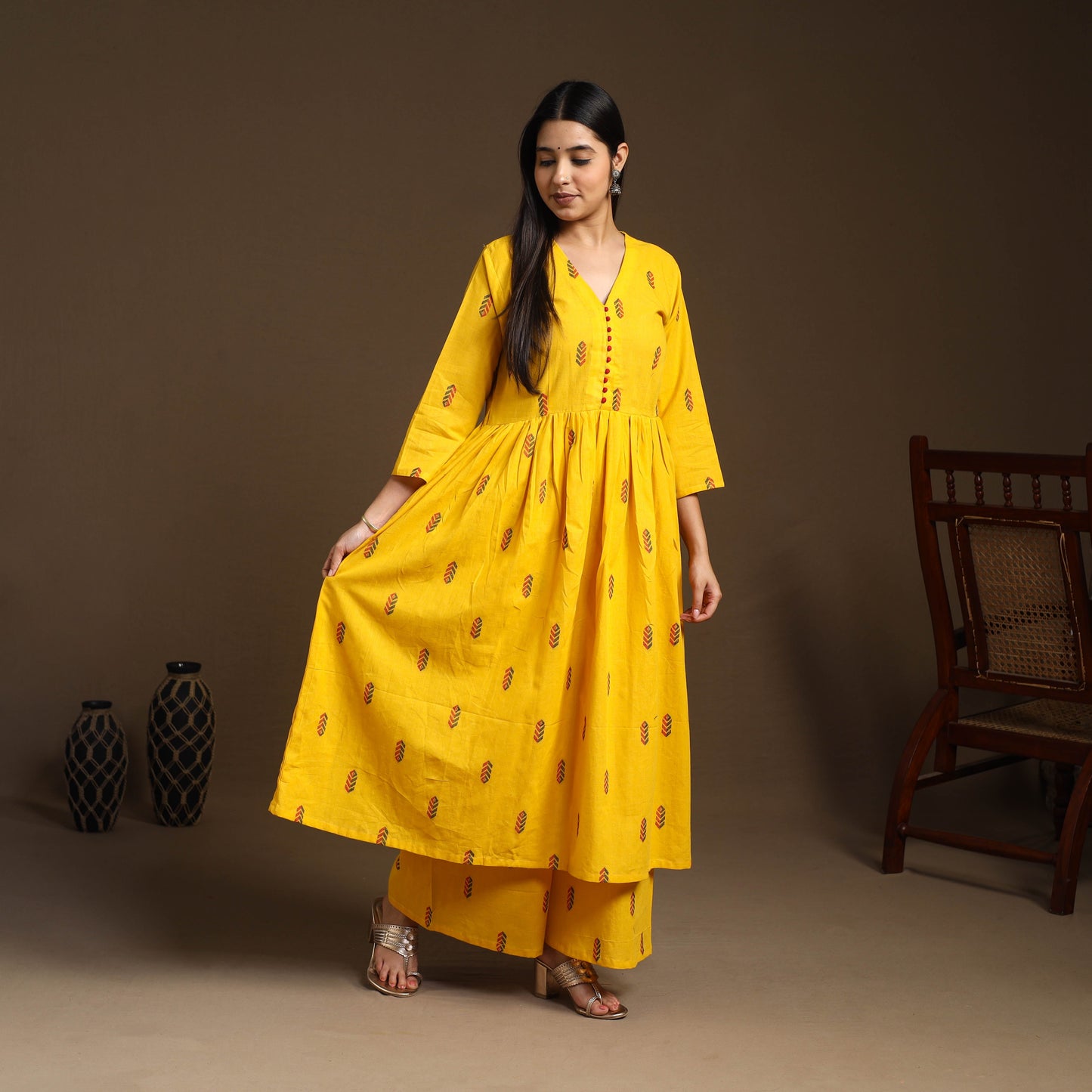  Yellow Flared Cotton Jacquard Kurta with Palazzo Set