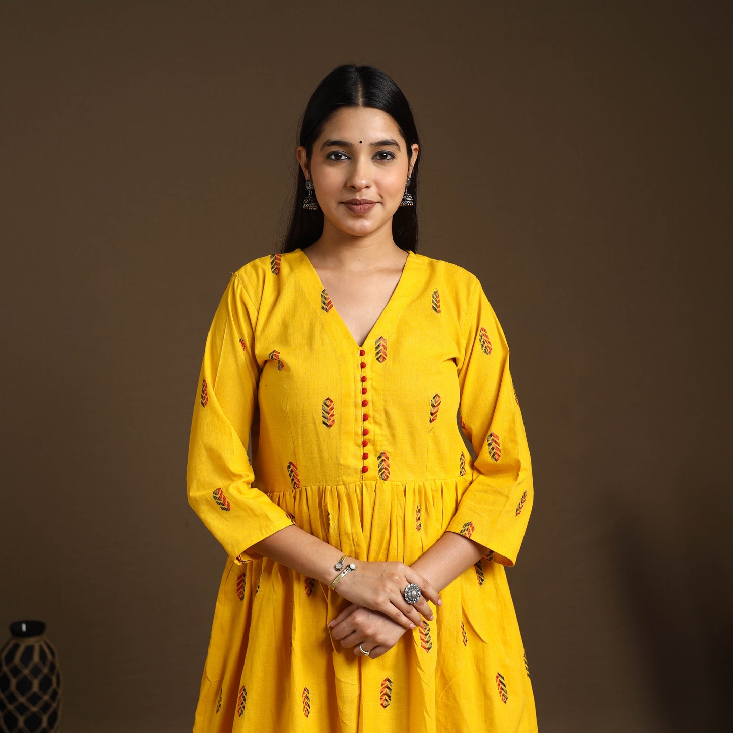  Yellow Flared Cotton Jacquard Kurta with Palazzo Set