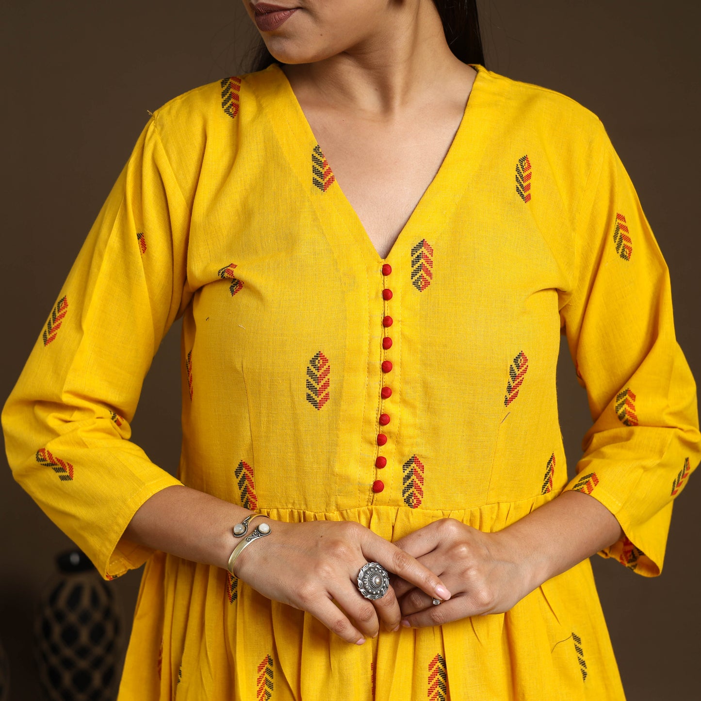  Yellow Flared Cotton Jacquard Kurta with Palazzo Set